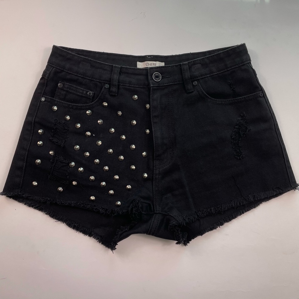 High Waisted Studded Black Shorts w/ Fray Detail